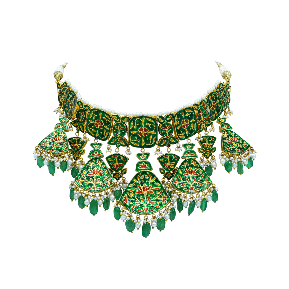 Polki Choker Set with Green Enamel and Emerald Drop Details